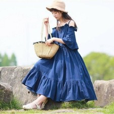 Women Linen Cotton Maxi Dress Off Shoulder Ruffle Flare Sleeve Loose Casual Blue