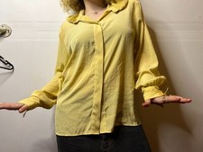 Vintage 1980s Long Sleeve Gold Blouse Sheer Pleated Collar Slinky Plus Sz AU 18