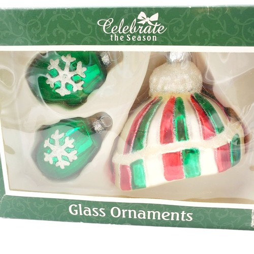 Drei Fäustlinge & Hut Glas Ornamente mundgeblasen rot grün Baum Merkur NEU Christus - Bild 2 von 4