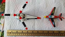 Vintage Japan Tin Friction Highway Patrol Helicopter & Navy 1820 Airplane