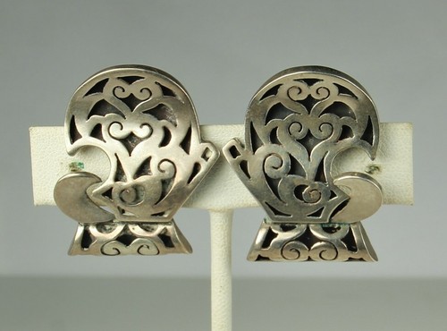 ESPINOSA TAXCO Earrings 1940s Mexico STERLING 13.6g Shadow Box Design Signed FAB - Picture 4 of 6