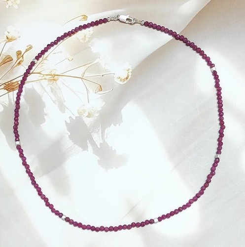Dainty Ruby Faceted Round Gemstone Silver Filled Beaded Handmade Necklaces 24'' - Picture 2 of 24