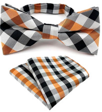 Mens Pre-Tied adjustable Bow Tie Paisley Black Orange Bowtie Hanky Wedding Party