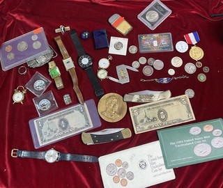 Vintage Junk Drawer Lot 40% 90% Coins Watches Knives Notes Lighters Estate Lot