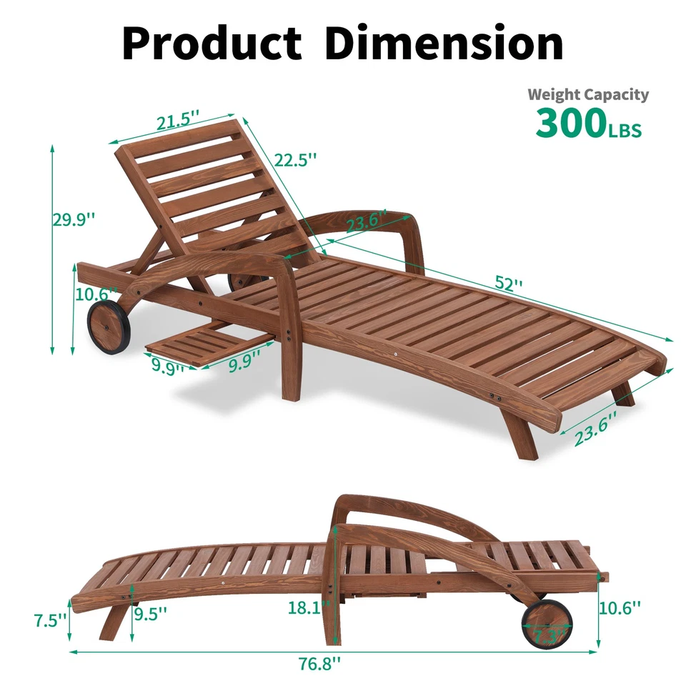 2 PIEZAS Sillón Patio Exterior Madera Chaise Reclinable Ajustable con Ruedas y Bandeja Foto 3 de 4