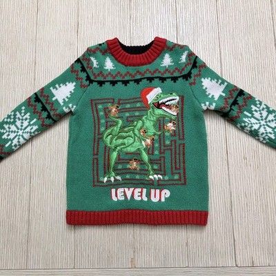 Blizzard Bay Sweater Boys 4 Green Dinosaur Level Up Christmas Gamer Ugly