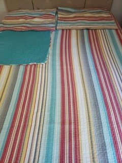 Striped Full/Queen Size Quilt In Blue Rust Yellow Gray Includes 2 Standard Shams