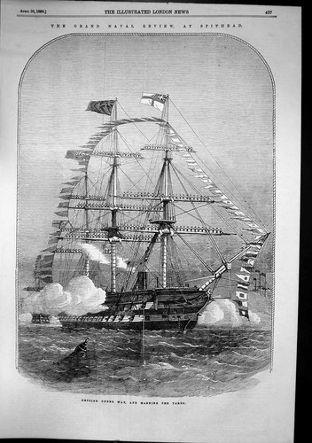 Antique Old Print Getting Under Way Manning Yards Naval Review Spithead 1856
