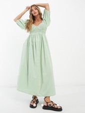 ASOS Sage Green Shirred Corset Midi Dress Puff Sleeve Sweetheart Neck Size S