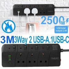 NEW 3m 3Gang Way Extension Lead Power Strip Surge Protector2*USB+1*USB-C Sockets