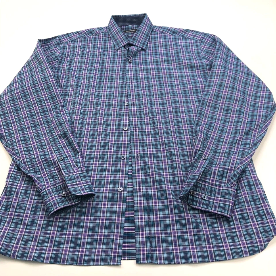 Bugatchi Uomo Classic Fit Large 16/36 Long Sleeve Cotton Plaid Dress Shirt MINT - Image 2 of 4