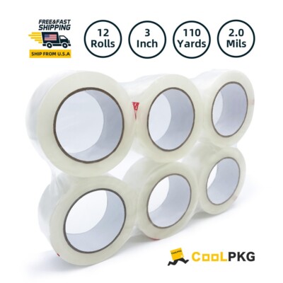 12 Rolls Carton Sealing Clear Packing Tape Box Shipping 2.0 mil 3'' x 110 Yards