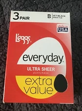 Leggs Everyday Ultra Sheer Size B Sheer Toe Jet Black Pantyhose Value 3 PK