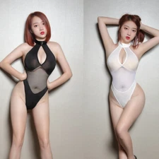 Women Halter Bodysuit Leotard Cut Out Mesh Swimwear One Piece Sexy Bikini