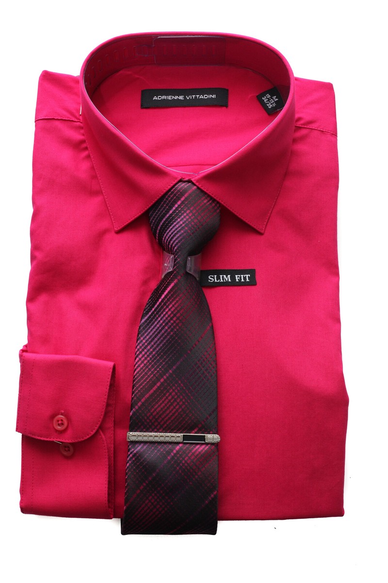 adrienne vittadini dress shirt 14-14 ½ 32/33 Adrienne Vittadini Hot Pink Dress Slim Fit Shirt, Tie, & Tie  Bar