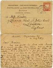 GERMANY BAVARIA POSTAL STATIONERY 1879 ENGLISH MESSAGE to KEESON re OPERA