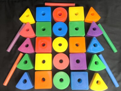 25 Vintage Fisher Price Creative Plastic Blocks Colorful Shapes 5 Wood Dowels