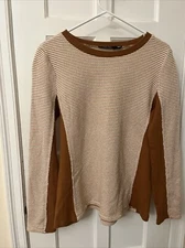 Doe And Rae Women’s Mixed Media Thermal Knit Pullover Tan Stripes Unique! M