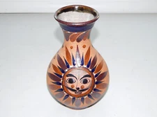 VTG Tonala Tacat Mexico 8" Vase Sandstone Folk Art Pottery Sun w/ "Cancun" Side