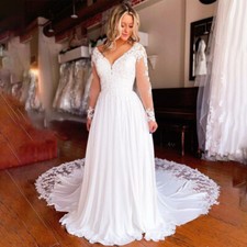 Plus Size Chiffon Wedding Dresses Long Sleeve Lace Applique Backless Bridal Gown