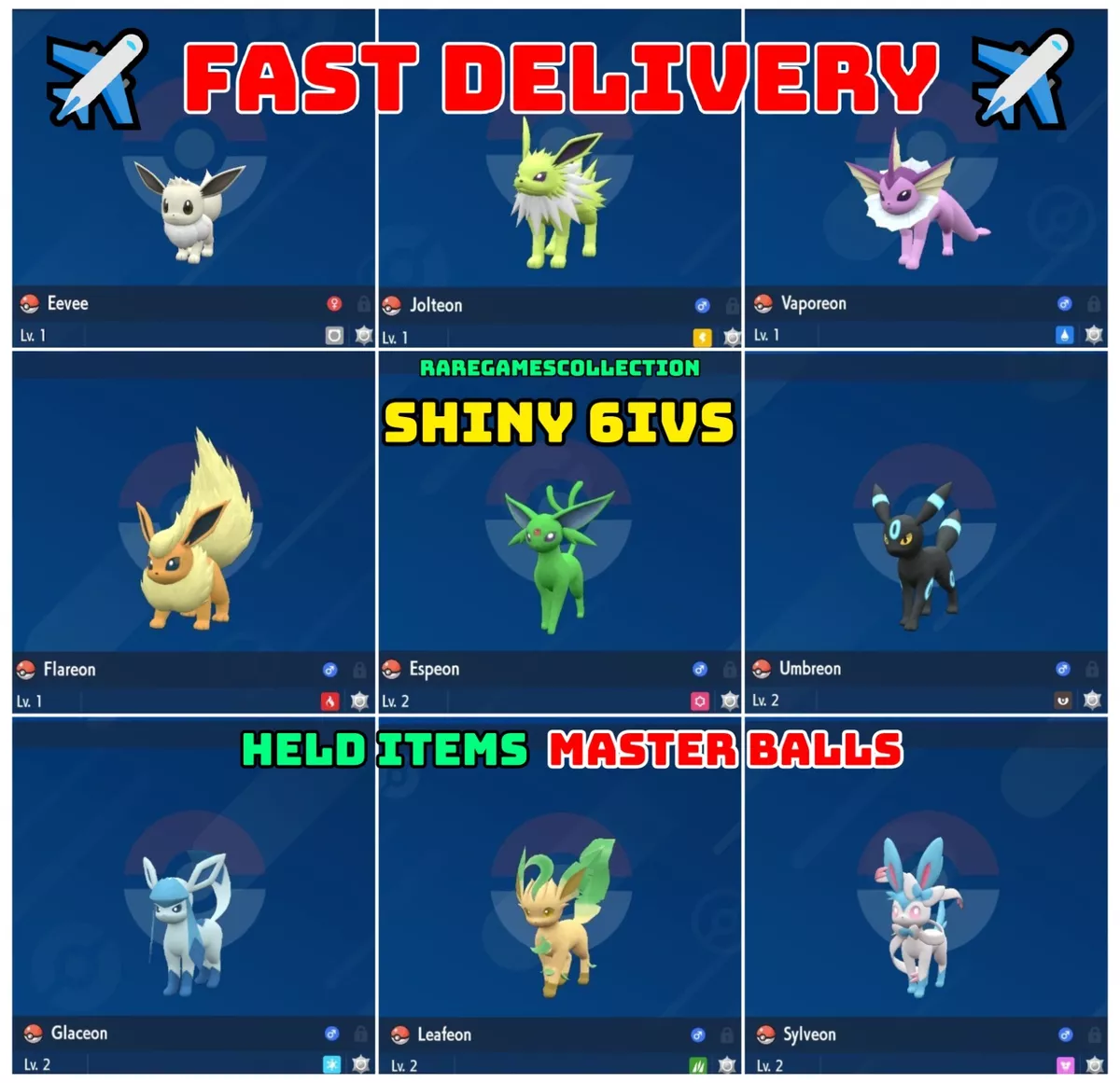 Pokemon Scarlet/Violet ✨SHINY All 9 Eevee Evolution Low Level Modest 6IV  TRADE