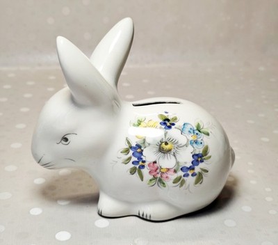 Vintage Germany Porcelain Rabbit Piggy Bank Hand Painted Floral Bunny Coin Box
