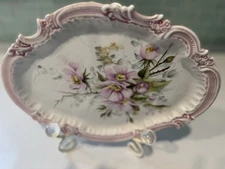 T&V Tressemann & Vogt Antique Oval Limoges France Pink Flowers 12” X 9” Plate 