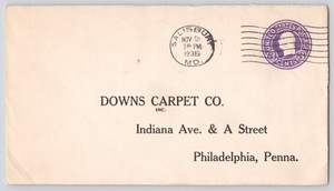 1936 Downs Carpet Co Philadelphia PA  Postal Cover