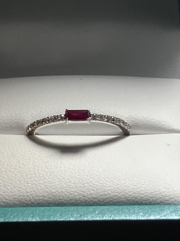 14k White Gold Natural Baguette Ruby Stacking Ring With Natural Diamond Accents