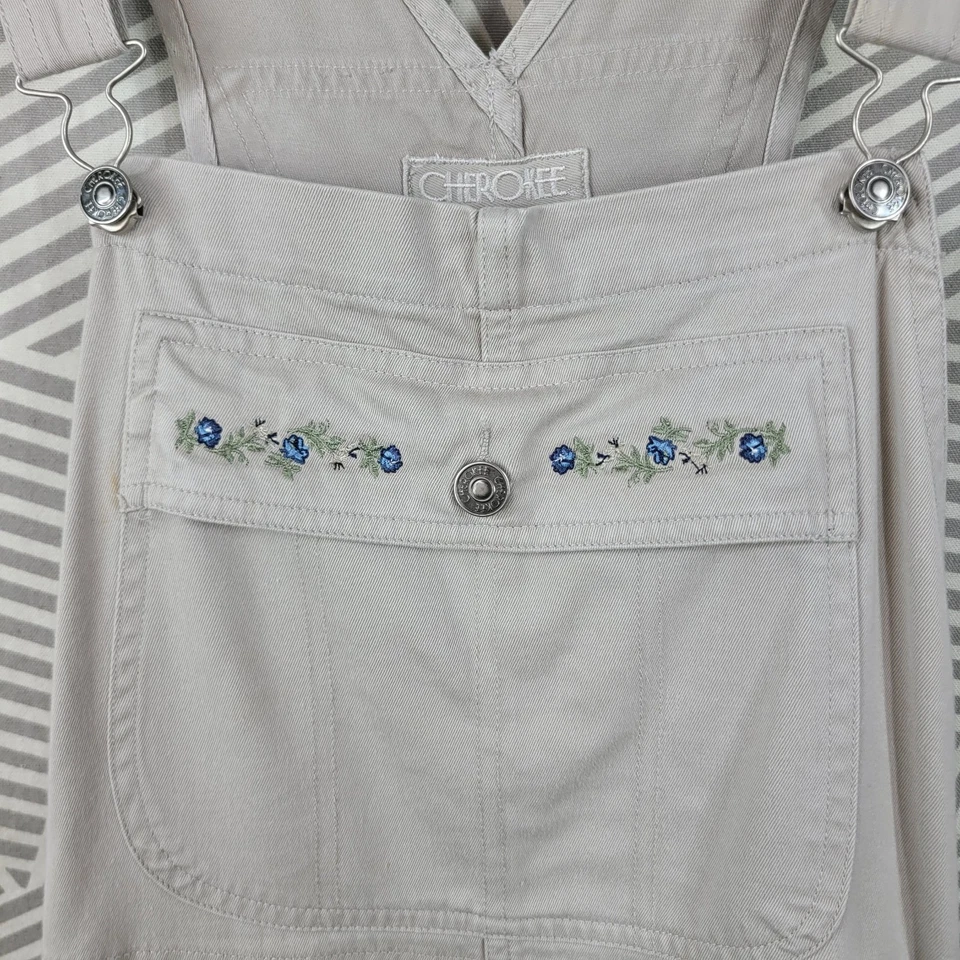 Pantalones Cortos De Colección Y2K Cherokee Overall Baberos Medianos Floral Bordado Caqui Foto 3 de 4