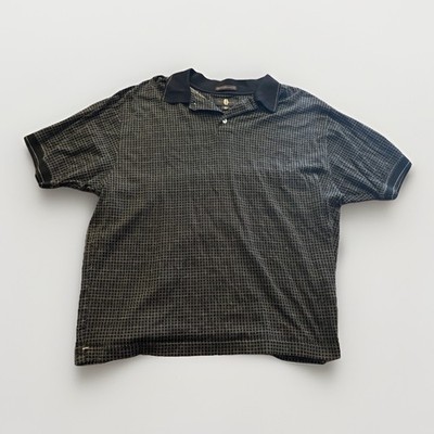 Men s Black White Geometric Knit Polo Shirt Short Sleeve Size L Abstract Pattern