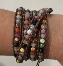 Multi Color Gem Stone Wrap Bracelet on Brown Leather Cord