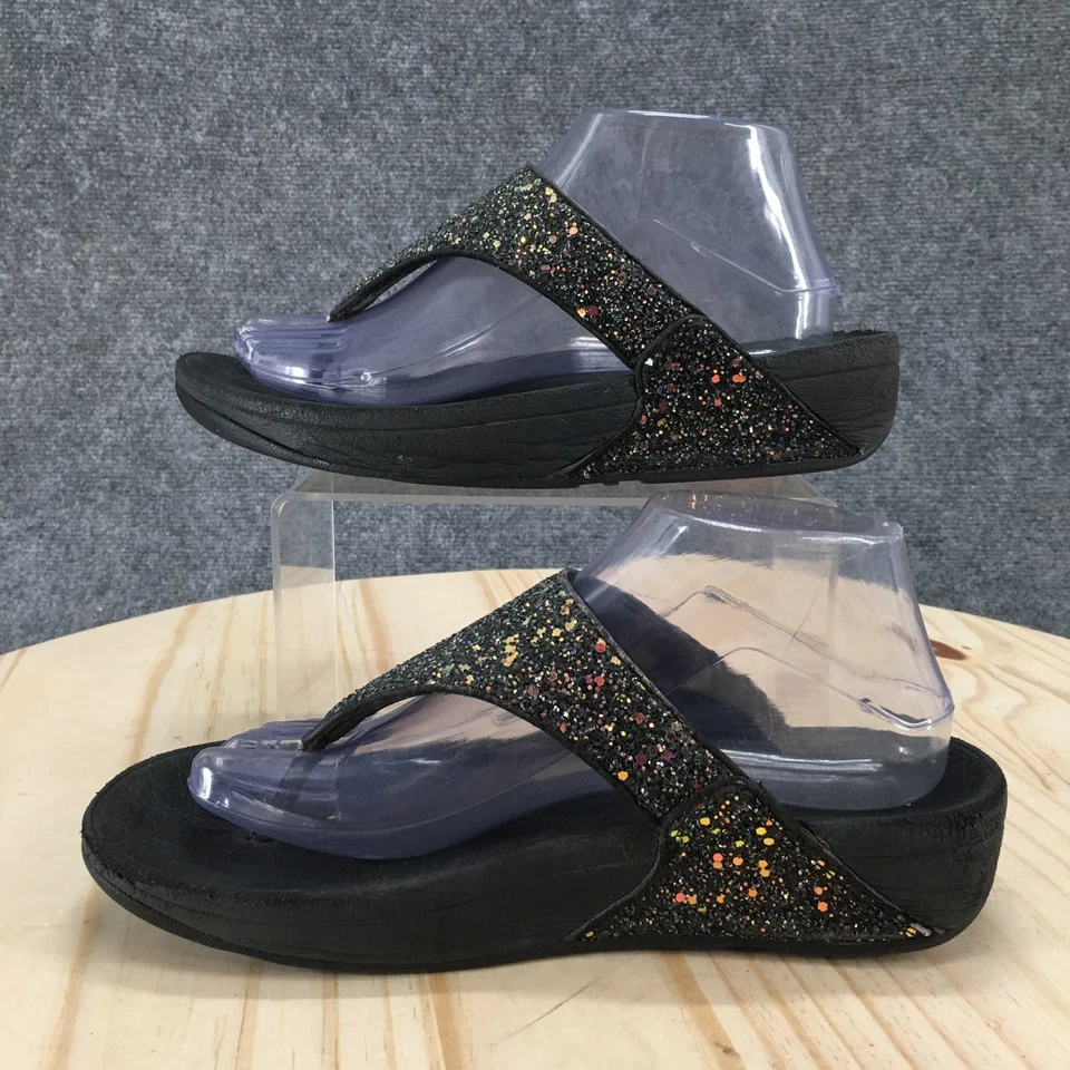 Босоножки Fitflop женские 8 Lulu блестящие стринги на танкетке каблуки без шнуровки Paltform черные - Изображение 2 из 4