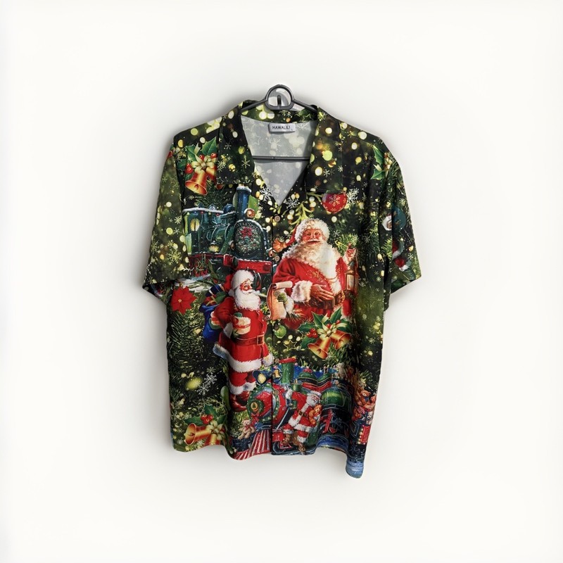 New Hawalili Santa Express Christmas Short Sleeve Button Shirt Mens L