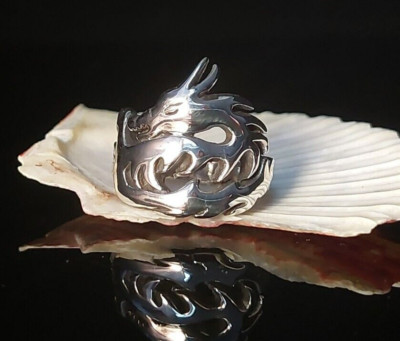 925 Sterlingsilber Ring schlafender Drache Größe N Geschenktüte UK-Verkäufer Mythos & Magie