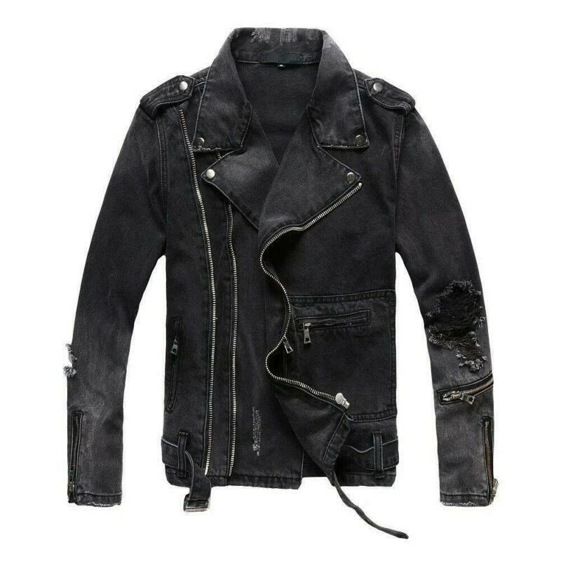 Men s Slim Lapel Zip Punk Denim Jackets Black Biker Motorcycle