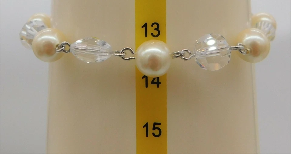 Monet Cream Faux Pearl Clear Faceted  Bead Silver Tone Sister Clasp Bracelet - Image 4 of 4