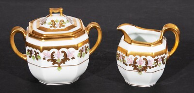 Pickard Cream & Sugar Antique Art Nouveau Hand Painted Floral Heavy Gilt Mark 7