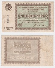 3 Million Mark Banknote Mining, Metallurgical & Salt Works Munich 1923 (121268)