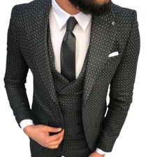 Designer Business Grey Black Checkered Suit Jacket Vest Trousers Fitted 44
