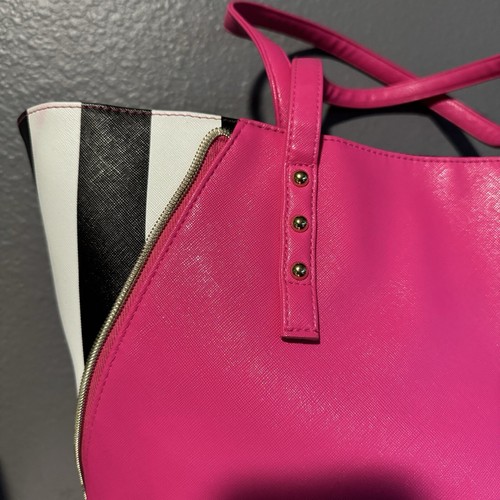 Juicy Couture Women's Pink Black White Stripe Shoulder Tote Bag Faux Leather NWT - Picture 4 of 15