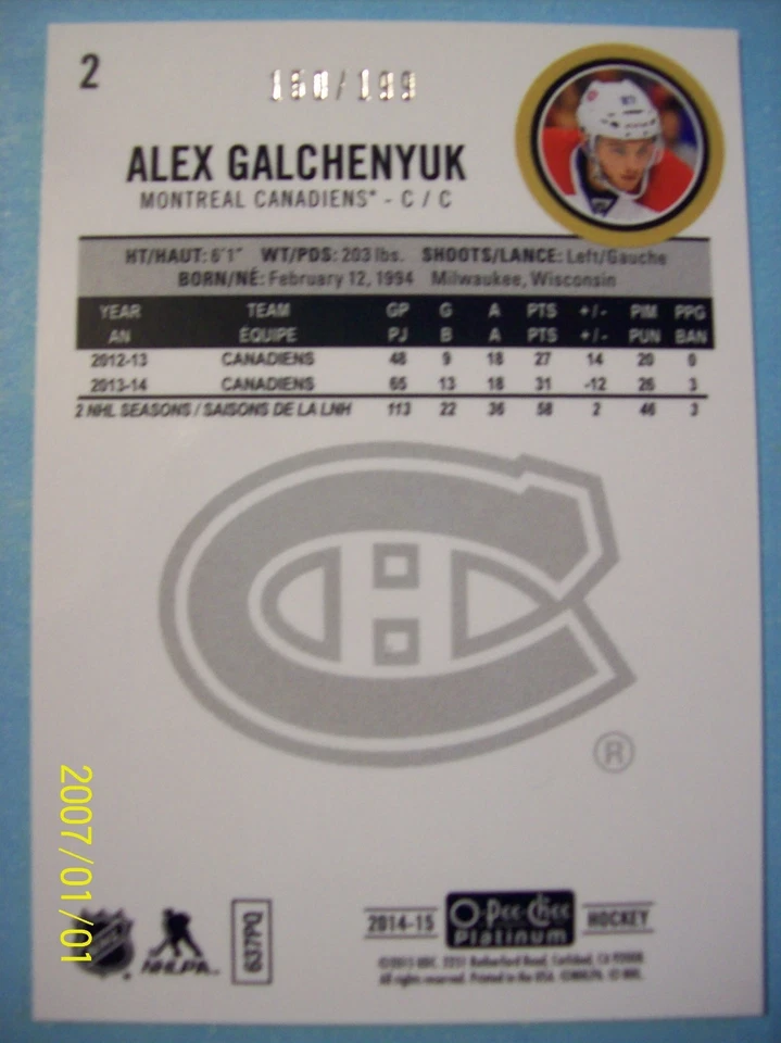2014-15 O-Pee-Chee Platinum "White Ice" # 2 Alex Galchenyuk!  150/199 - Image 2 of 2