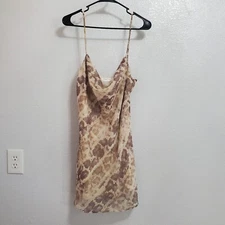 Lovers + Friends Revolve Mini Slip Dress Women L Beige Snake Print Draped Neck