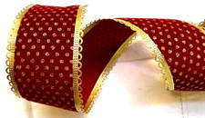 Christmas Burgundy Velveteen 2.5" x 3 yd Wired Ribbon Gold Metallic Tiny Dots