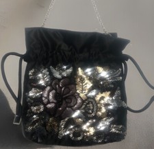 Vintage Jessica McClintock Black Floral Sequin Beaded Evening Formal Bag Purse