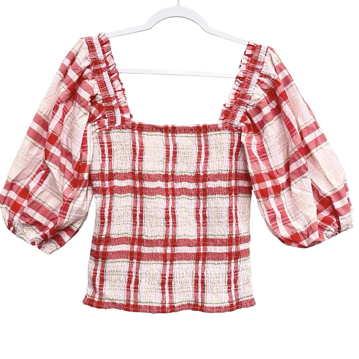 Ganni Plaid Print Square Neckline Smocked Top Blouse Balloon