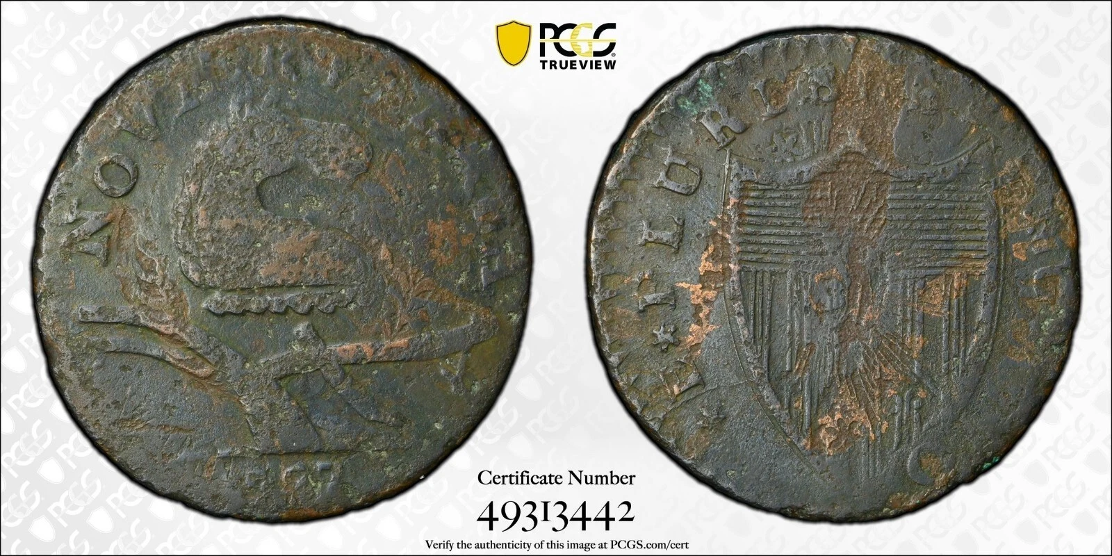 1787 New Jersey Colonial Copper Struck Over Nova Constellation Rare Coin PCGS Xf