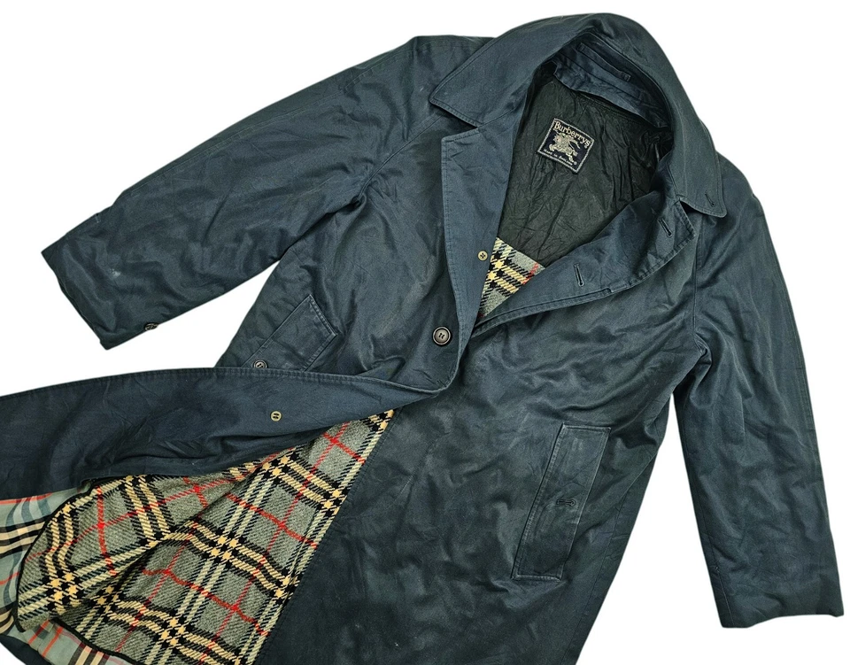 HOT VTG ENGLAND UNISEX BURBERRYS @ NOVA CHECK WOOL LINED LONG TRENCH NAVY Coat S - Image 2 of 4
