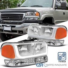 Fits 99-06 GMC Sierra Clear Headlights Corner Bumper Lamps w/ LED Tube Strip L+R