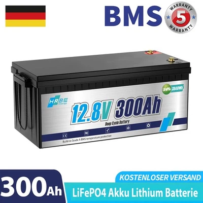 HRBEENERGY 12V 300Ah LiFePO4 Lithium Batterie Solar Boot Wohnmobil Akku 200A BMS DeepZyklen